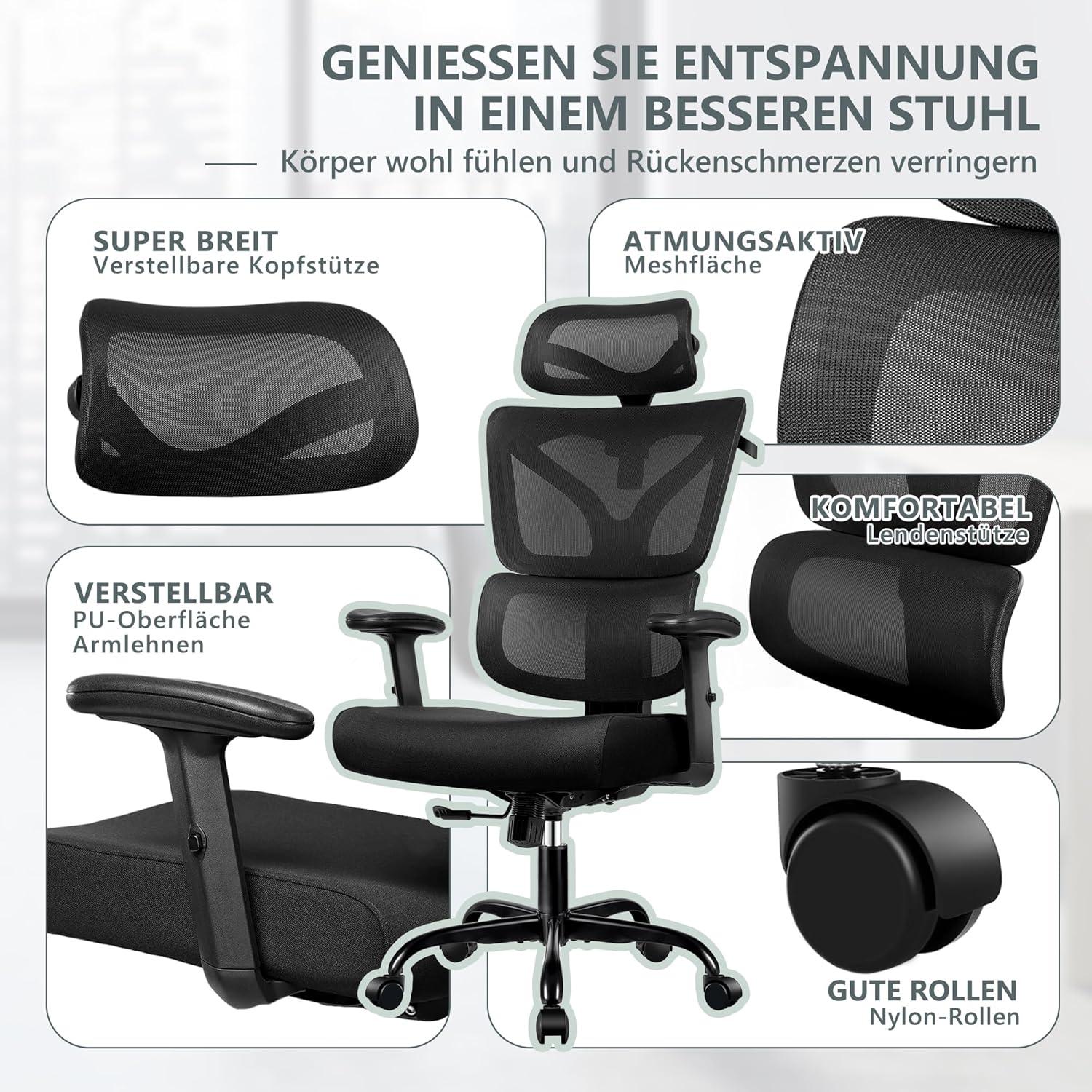Ergonomischer Bürostuhl mit Lordosenstütze, verstellbarer Kopfstütze, Armlehnen, Schwarz