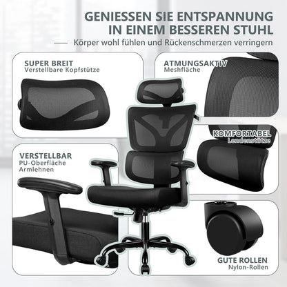 Ergonomischer Bürostuhl mit Lordosenstütze, verstellbarer Kopfstütze, Armlehnen, Schwarz