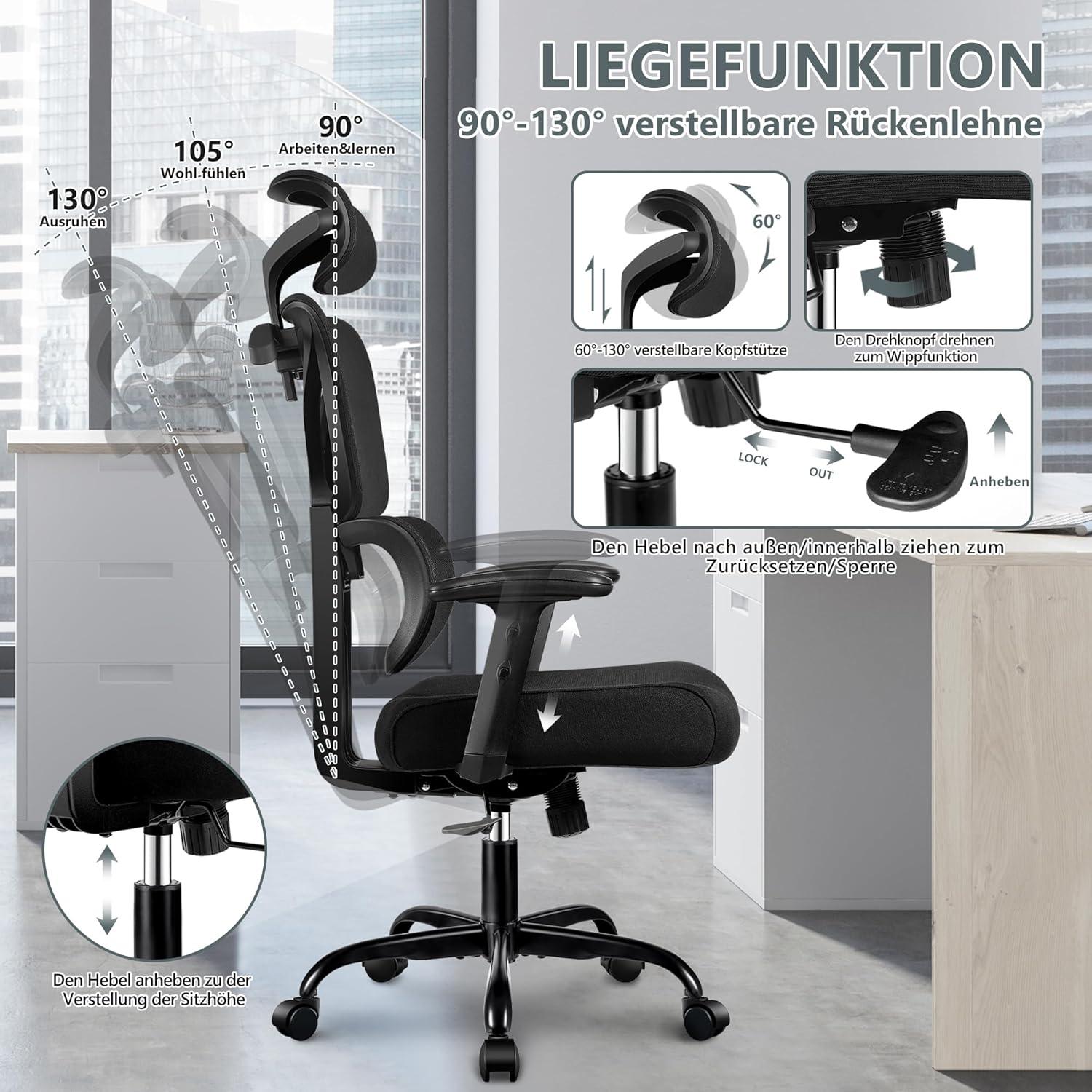 Winrise Ergonomischer Bürostuhl mit Lordosenstütze, Schwarz