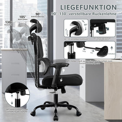 Winrise Ergonomischer Bürostuhl mit Lordosenstütze, Schwarz