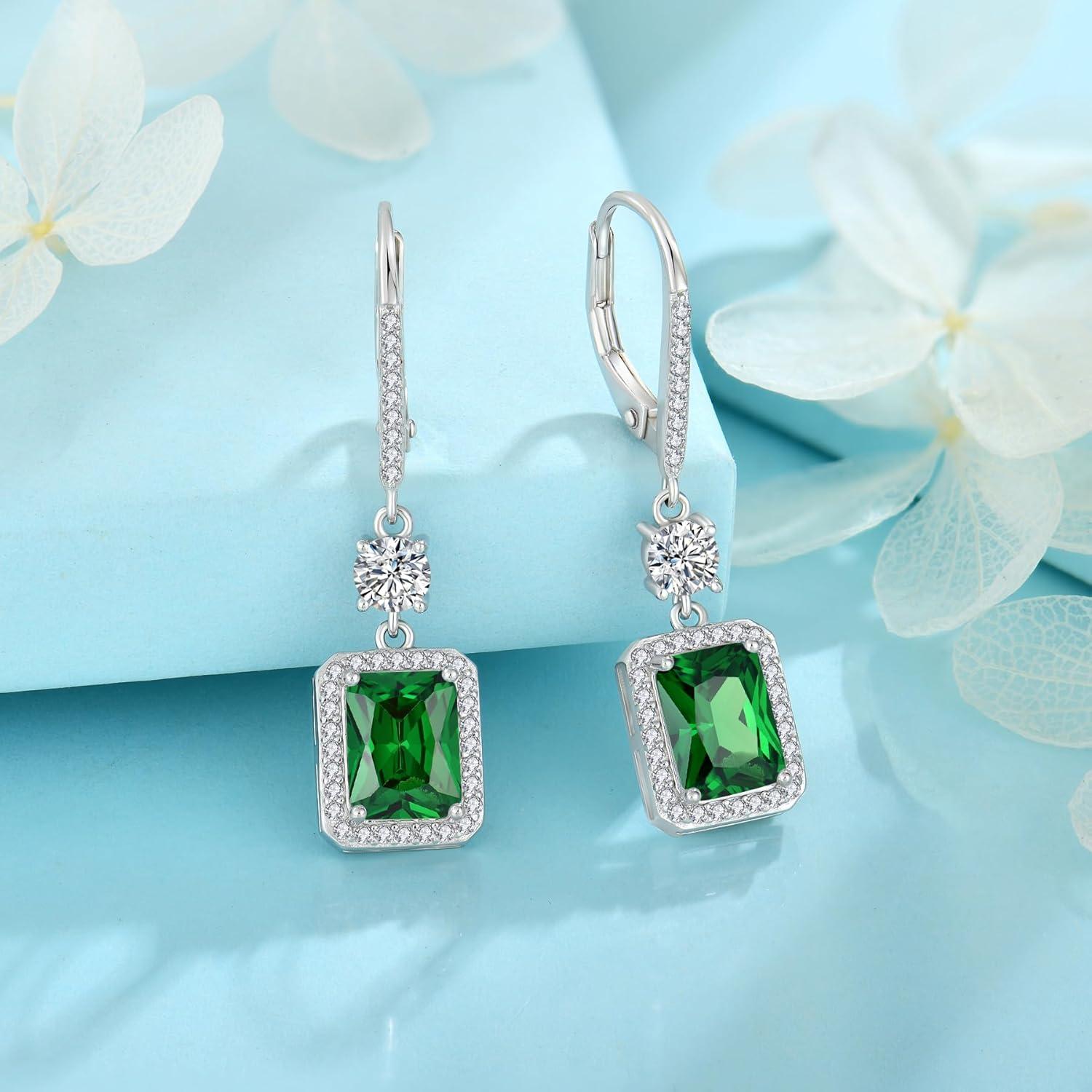 925 Sterling Silber Hängend Ohrringe Damen Prinzessschliff Geburtsstein Smaragd
