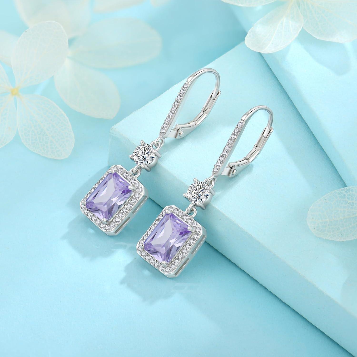 925 Silber Prinzessschliff Hängend Ohrringe Damen - Halo Geburtsstein Alexandrit