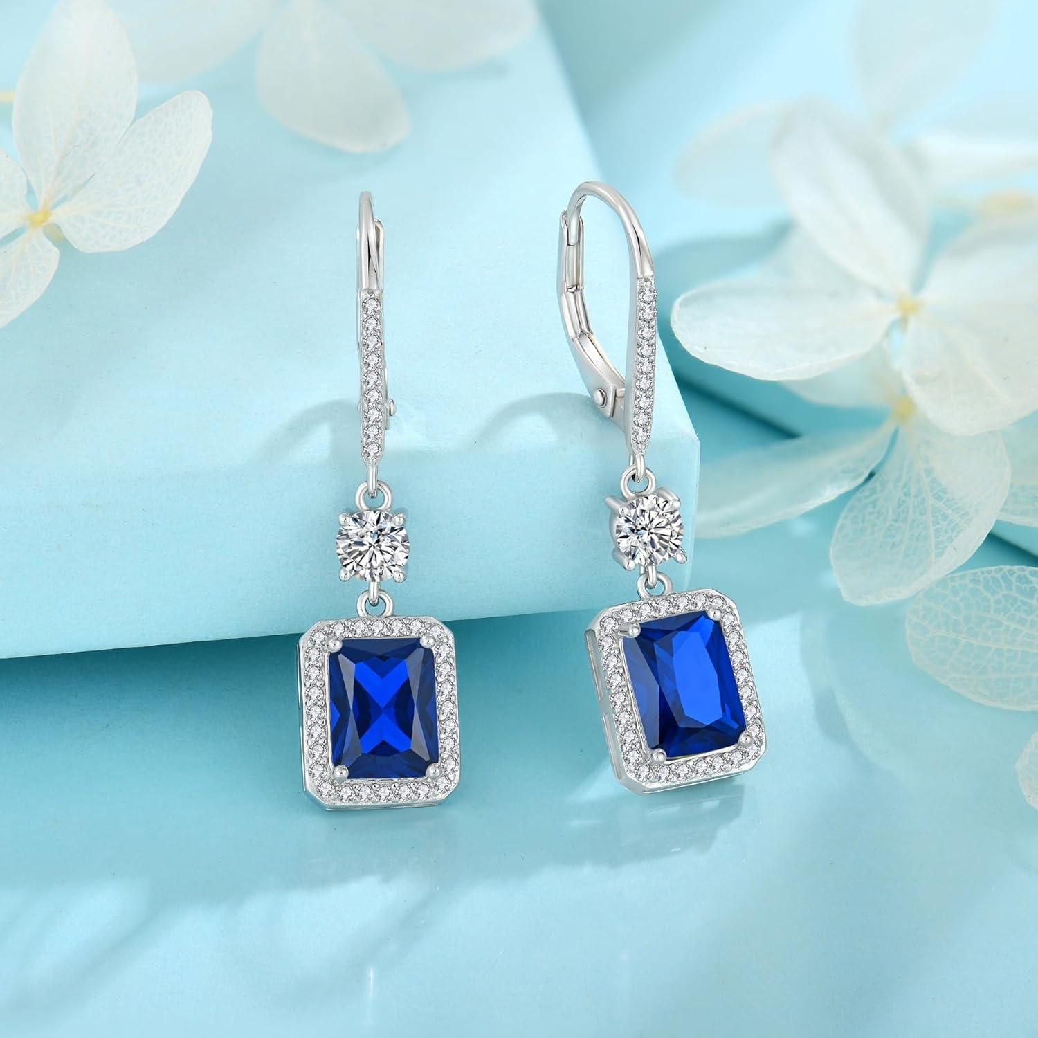 925 Sterling Silber Prinzessschliff Hängend Ohrringe Blau Saphir Geburtsstein