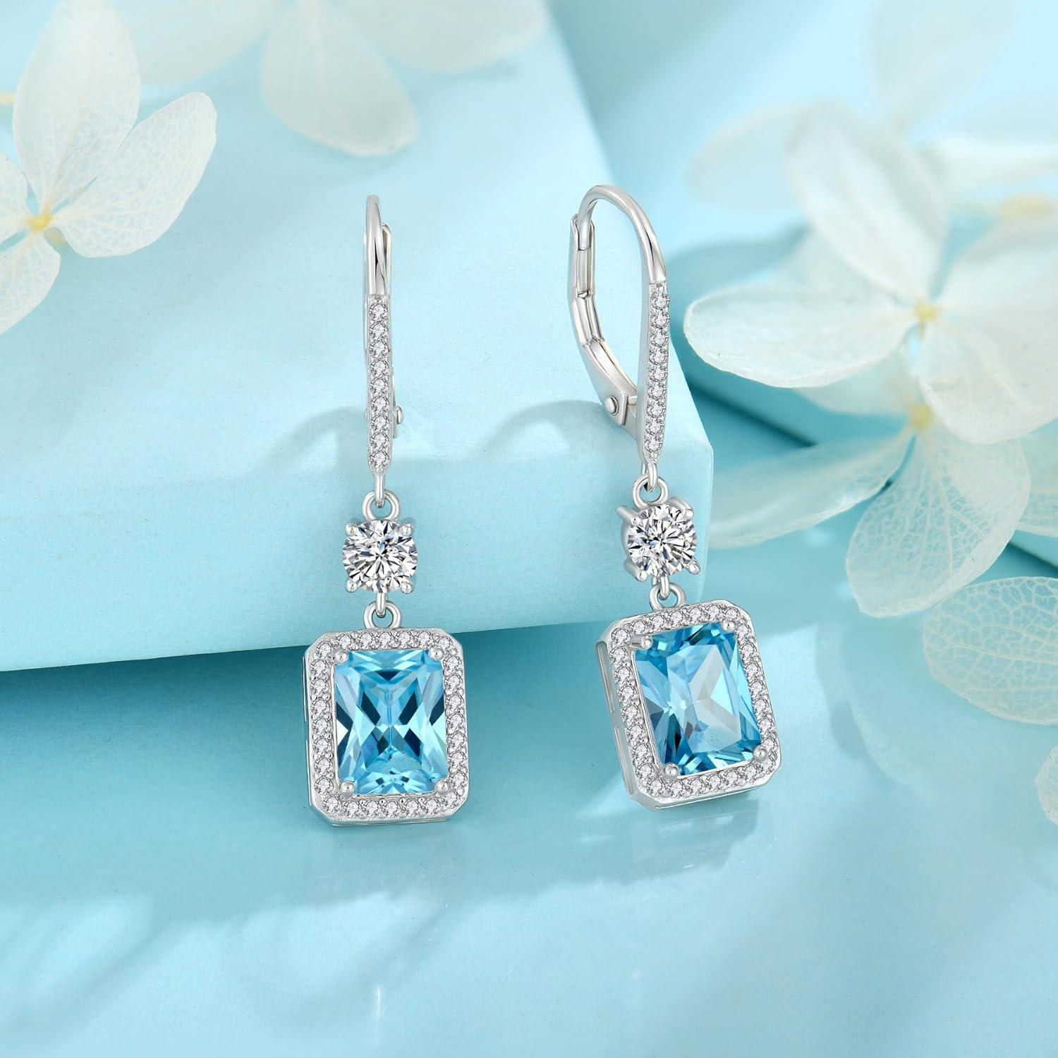 Aquamarin Ohrringe 925 Sterling Silber Prinzess-Schliff Geburtsstein für Frauen