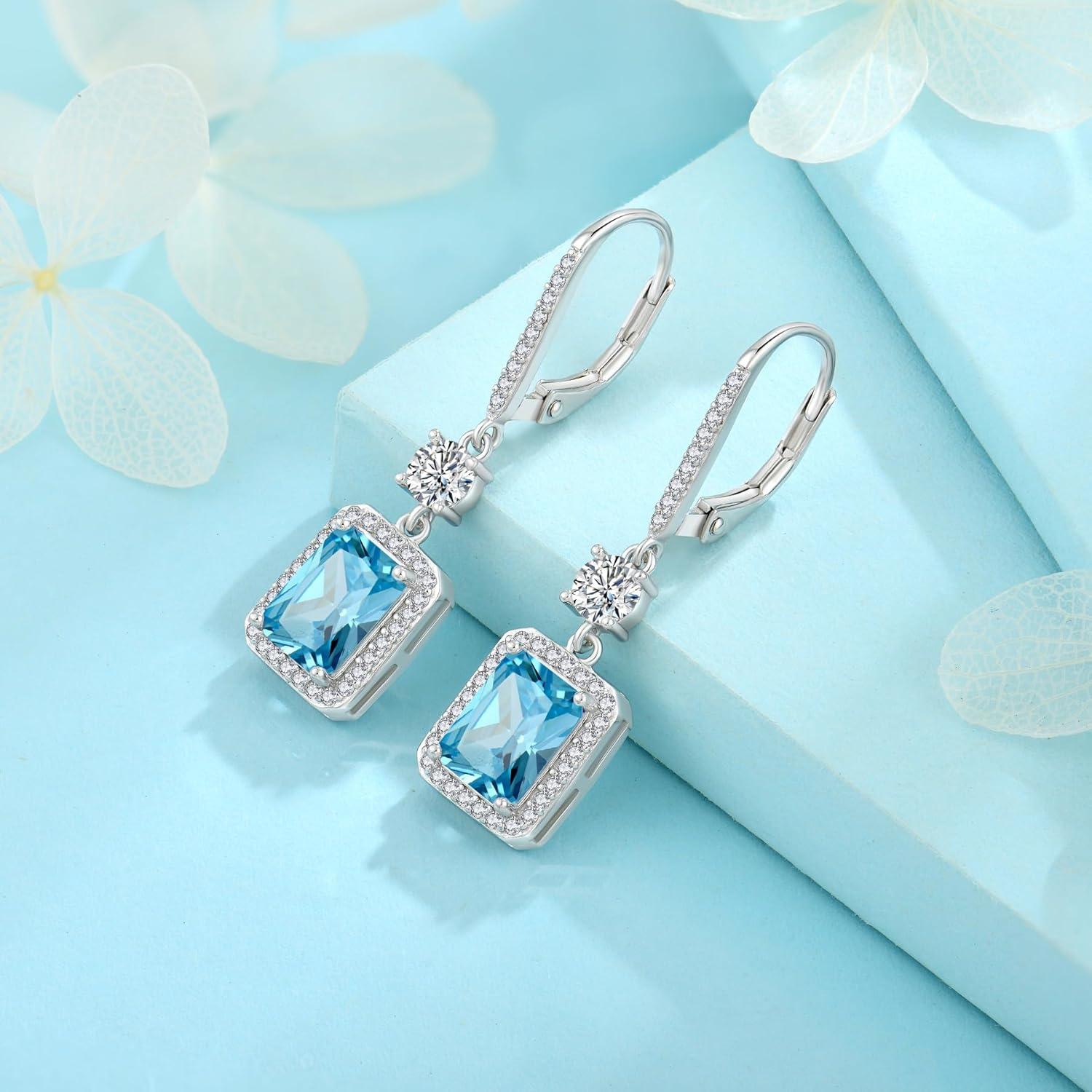 925 Sterling Silber Aquamarin Prinzessschliff Ohrringe Damen Geburtsstein