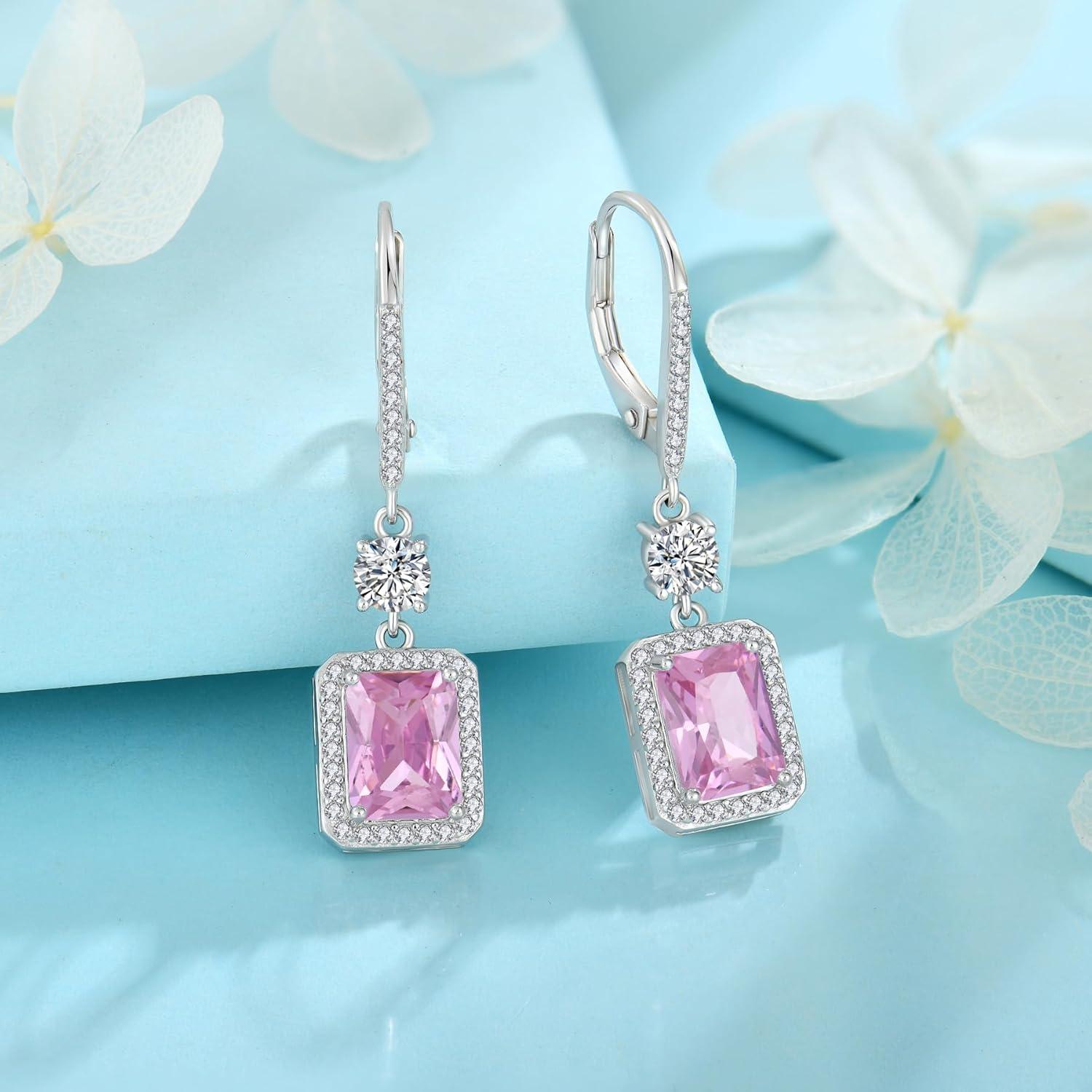 FJ Quadrat Prinzessschliff Hängende Ohrringe 925 Silber Rosa Turmalin
