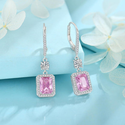 FJ Quadrat Prinzessschliff Hängende Ohrringe 925 Silber Rosa Turmalin