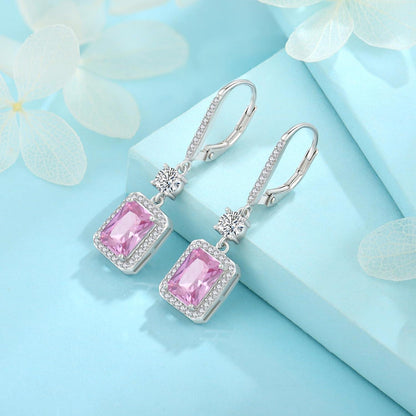 FJ Quadrat Prinzessschliff Hängend Rosa Turmalin Ohrringe Frauen 925 Silber