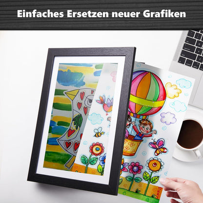 2x Bilderrahmen für Kinder A4 - Schwarz - Einfache Montage - Bruchsicheres