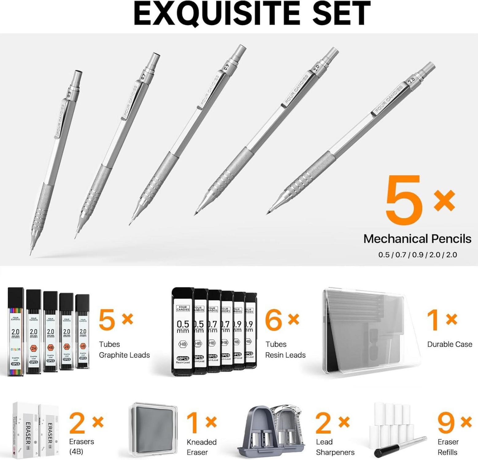 Candies Metall-Druckbleistift-Set, Kunst-Minenbleistifte 0,5-0,9 mm, 2 mm Bleistifte, 420 Stück Minen, zum Schreiben und Zeichnen