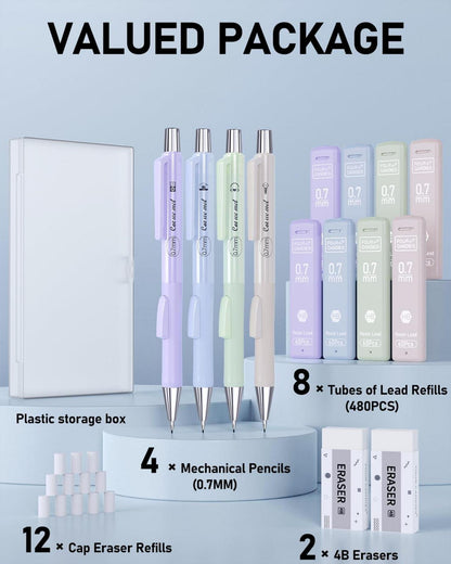Pastell-Druckbleistift-Set 4x 0,7mm Minenbleistifte 480 HB Minen 2 Radiergummis