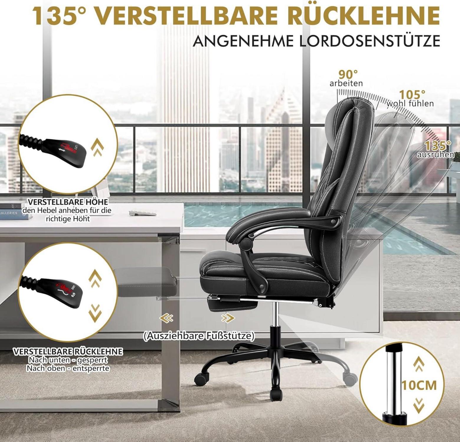 Ergonomischer Bürostuhl mit Fußstütze und Lordosenstütze in Schwarz