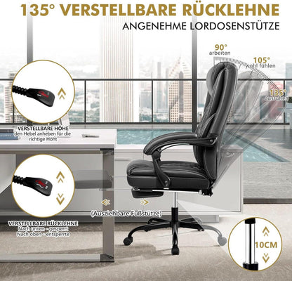 Ergonomischer Bürostuhl mit Fußstütze und Lordosenstütze in Schwarz