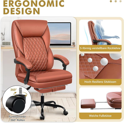 Ergonomischer Chefsessel mit Fußstütze und Lordosenstütze Braun