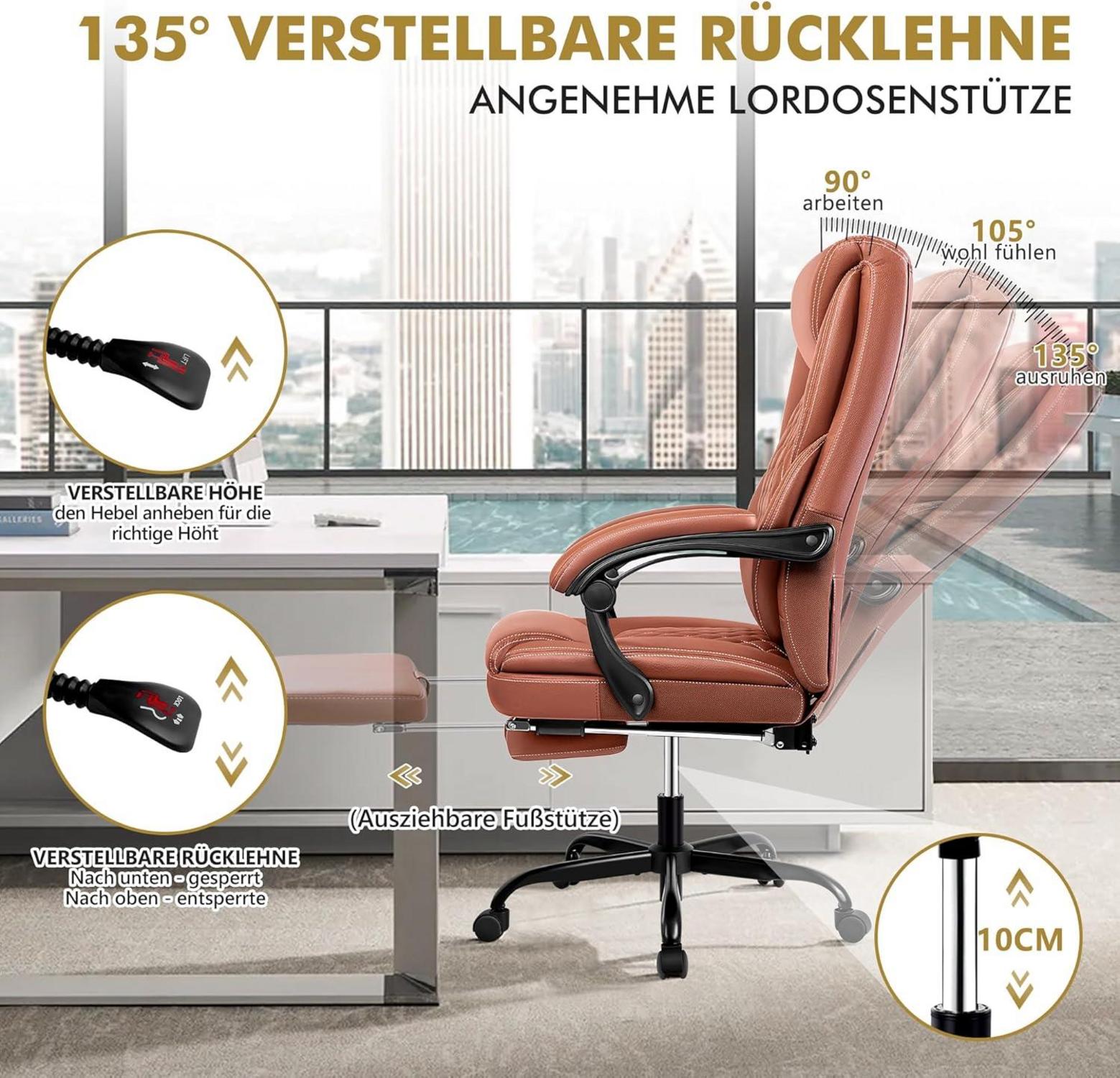Ergonomischer Chefsessel Bürostuhl mit Fußstütze Braun