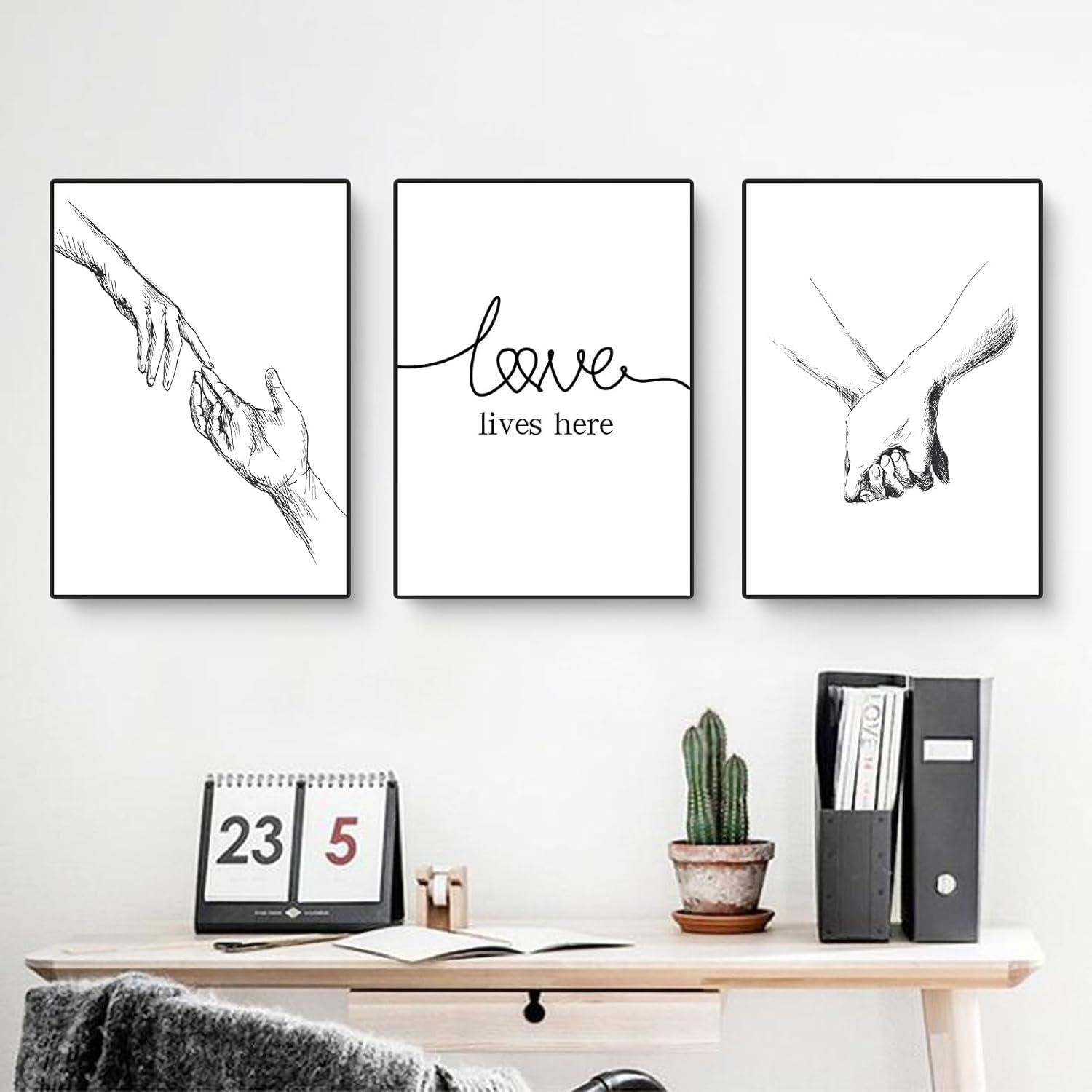 3er Set Moderne Schwarzweiß Wandbilder 40x50cm Hand in Hand