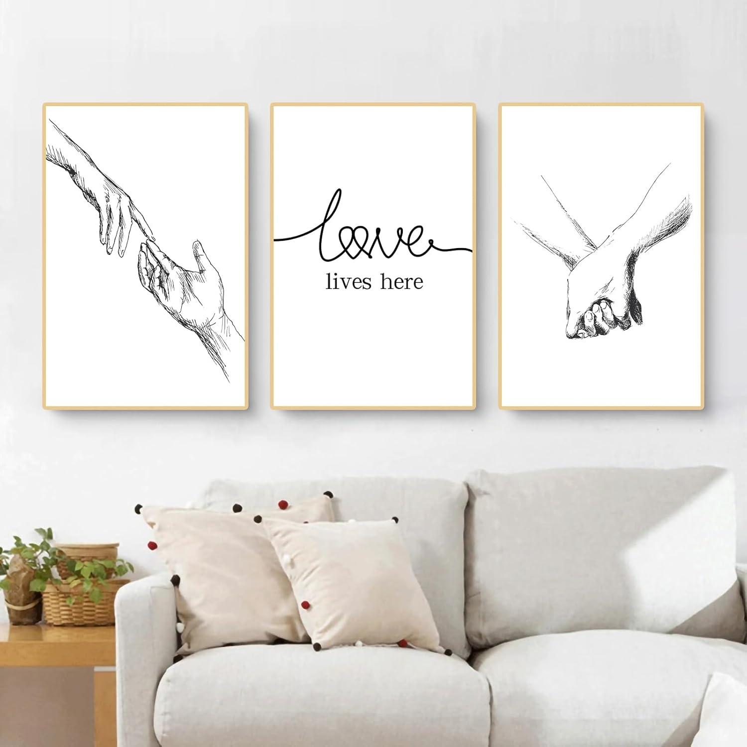 3er Set Moderne Schwarzweiß Wandbilder 40x50cm Hand in Hand