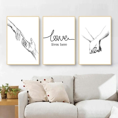 3er Set Moderne Schwarzweiß Wandbilder 40x50cm Hand in Hand