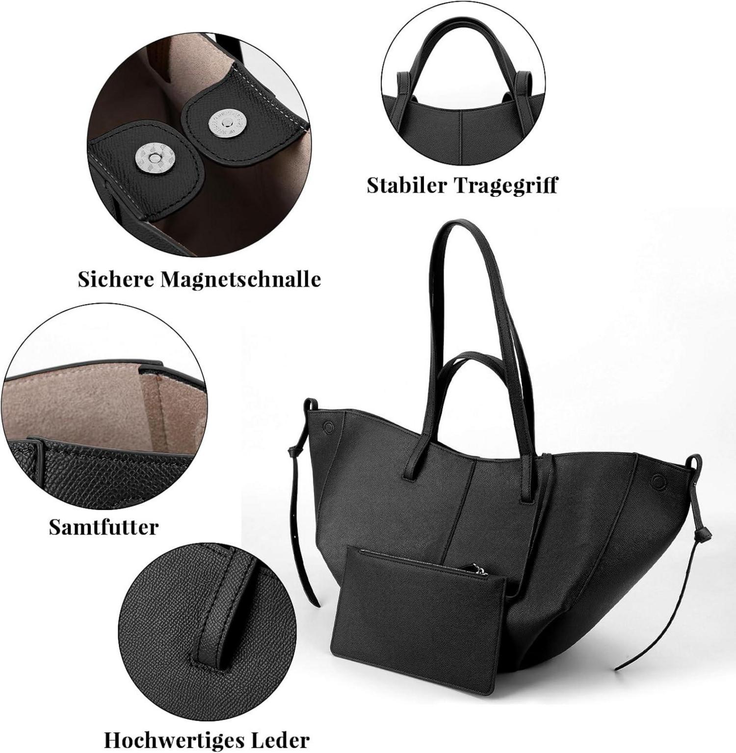 TIAASTAP Tote Bag Kunstleder Shopper 2in1 Handtasche Damen Schwarz