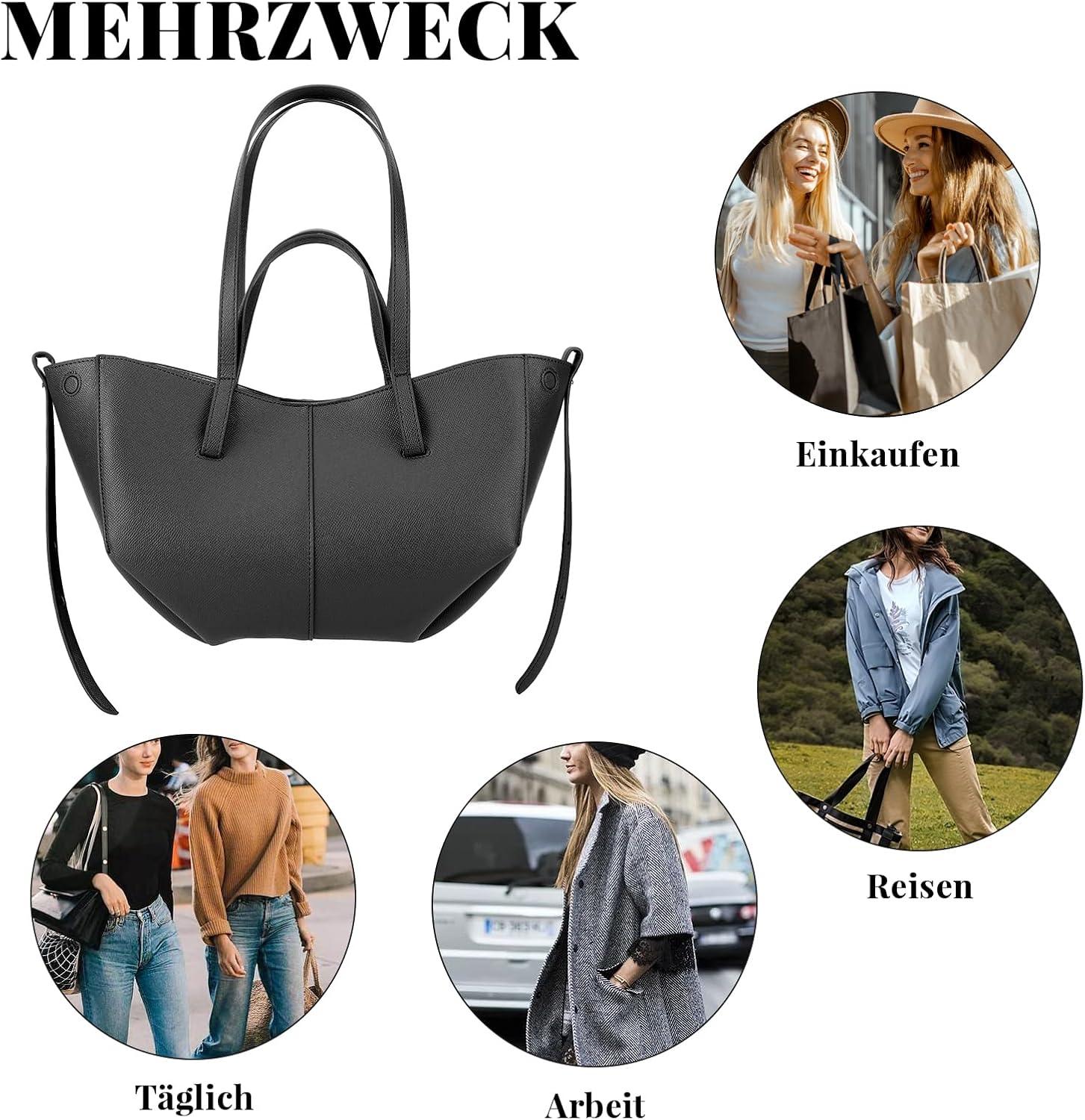 TIAASTAP Tote Bag Kunstleder Shopper 2in1 Handtasche Damen Schwarz