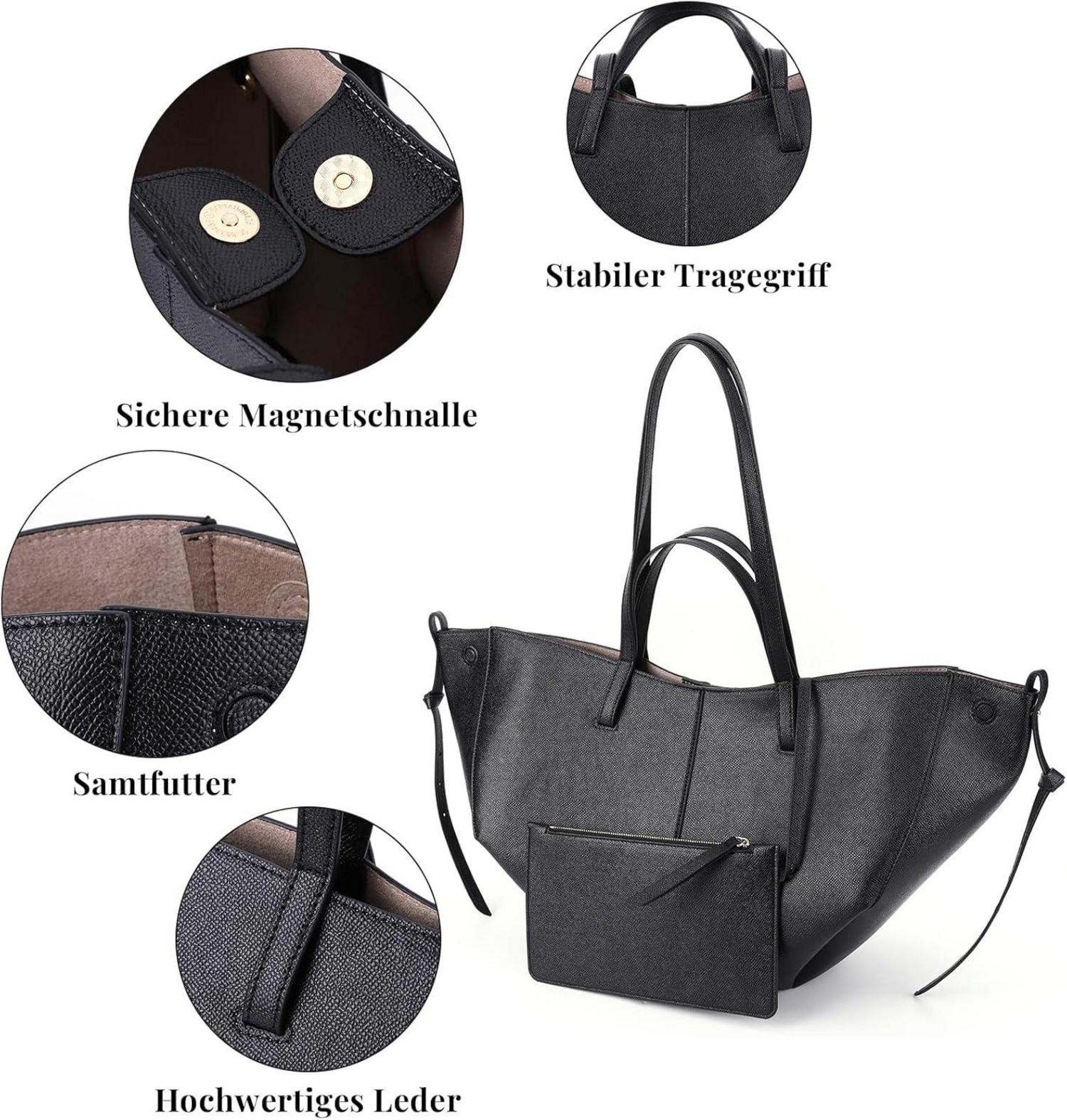 TIAASTAP Große Tote Bag Kunstleder Handtasche Damen Schwarz Elegante