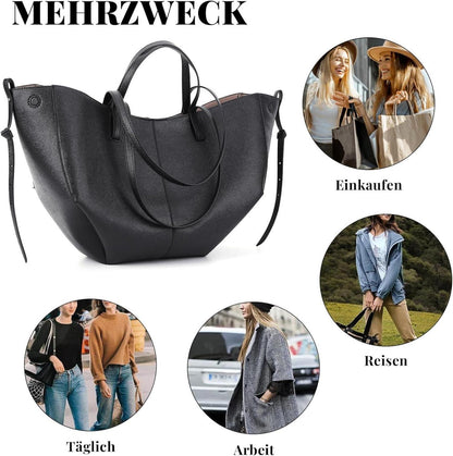 TIAASTAP Große Tote Bag Kunstleder Handtasche Damen Schwarz Elegante