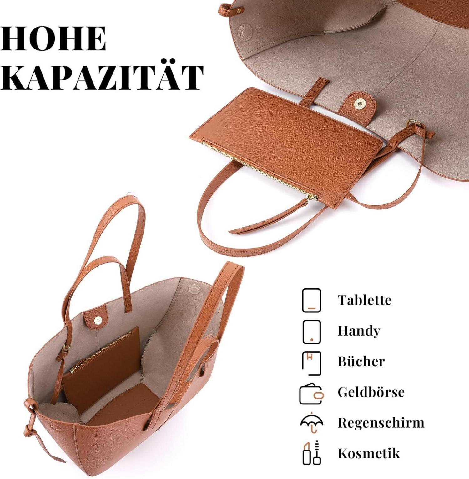 Große Kunstleder Tote Bag Damen Shopper Schultertasche Braun Elegante Handtasche