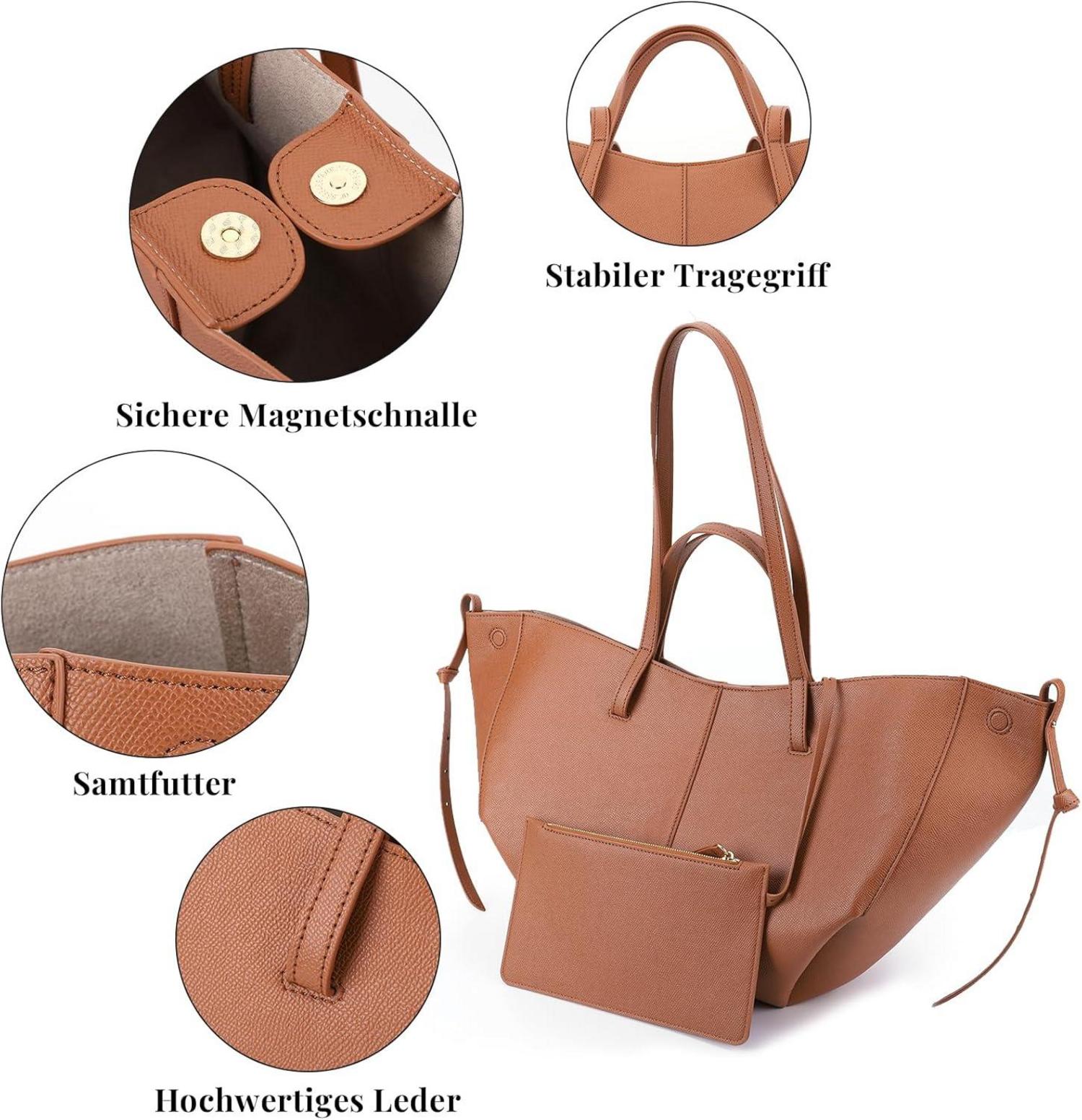Große Kunstleder Tote Bag Damen Shopper Schultertasche Braun Elegante Handtasche