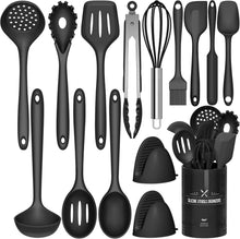 15-teiliges Silikon Kochutensilien Set mit Utensilienhalter Schwarz