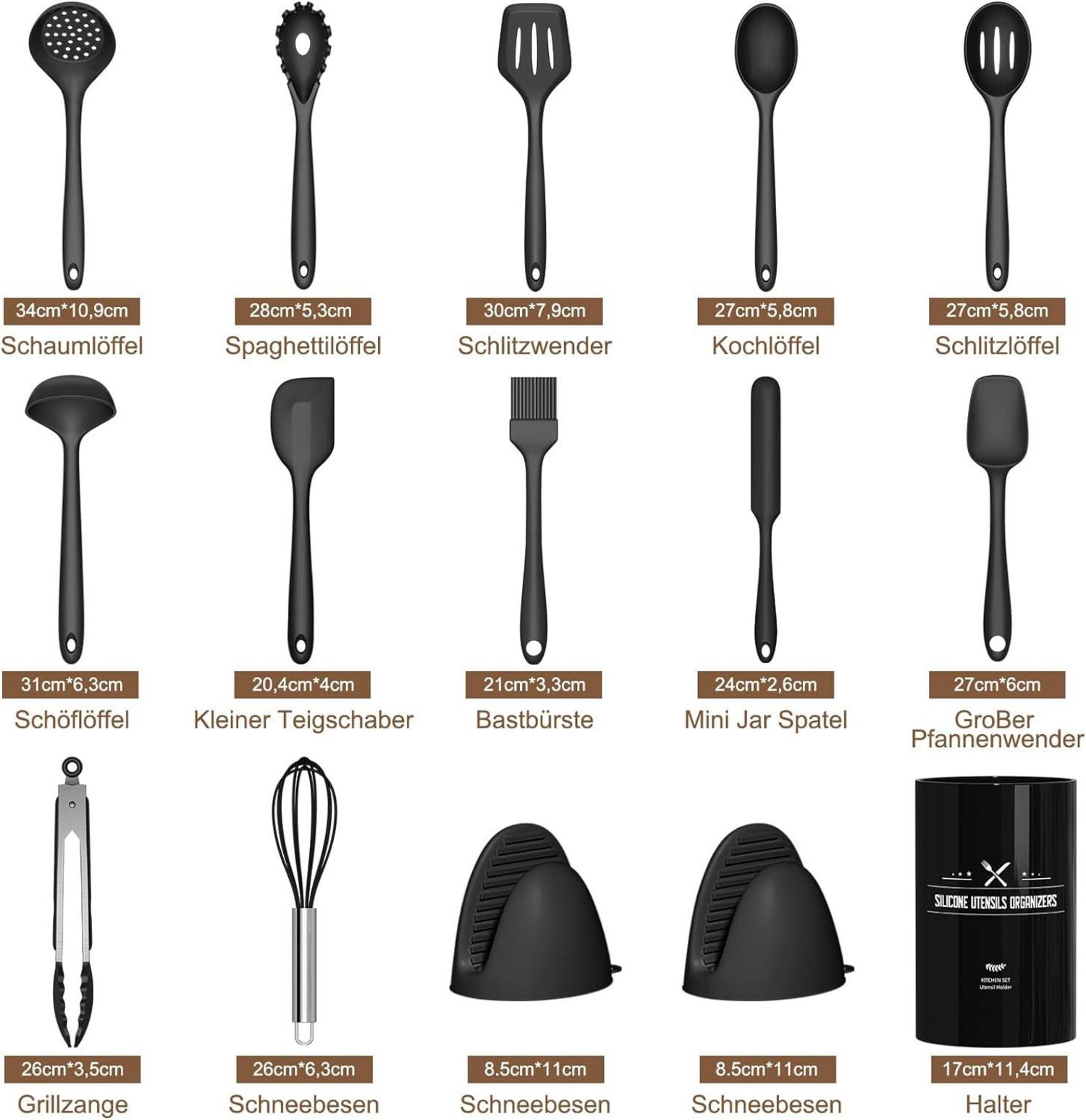 Terlulu 15-teiliges Silikon Kochutensilien Set mit Utensilienhalter - Schwarz