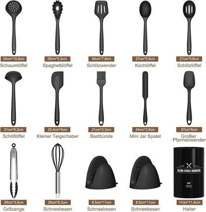 Terlulu 15-teiliges Silikon Kochutensilien Set mit Utensilienhalter - Schwarz