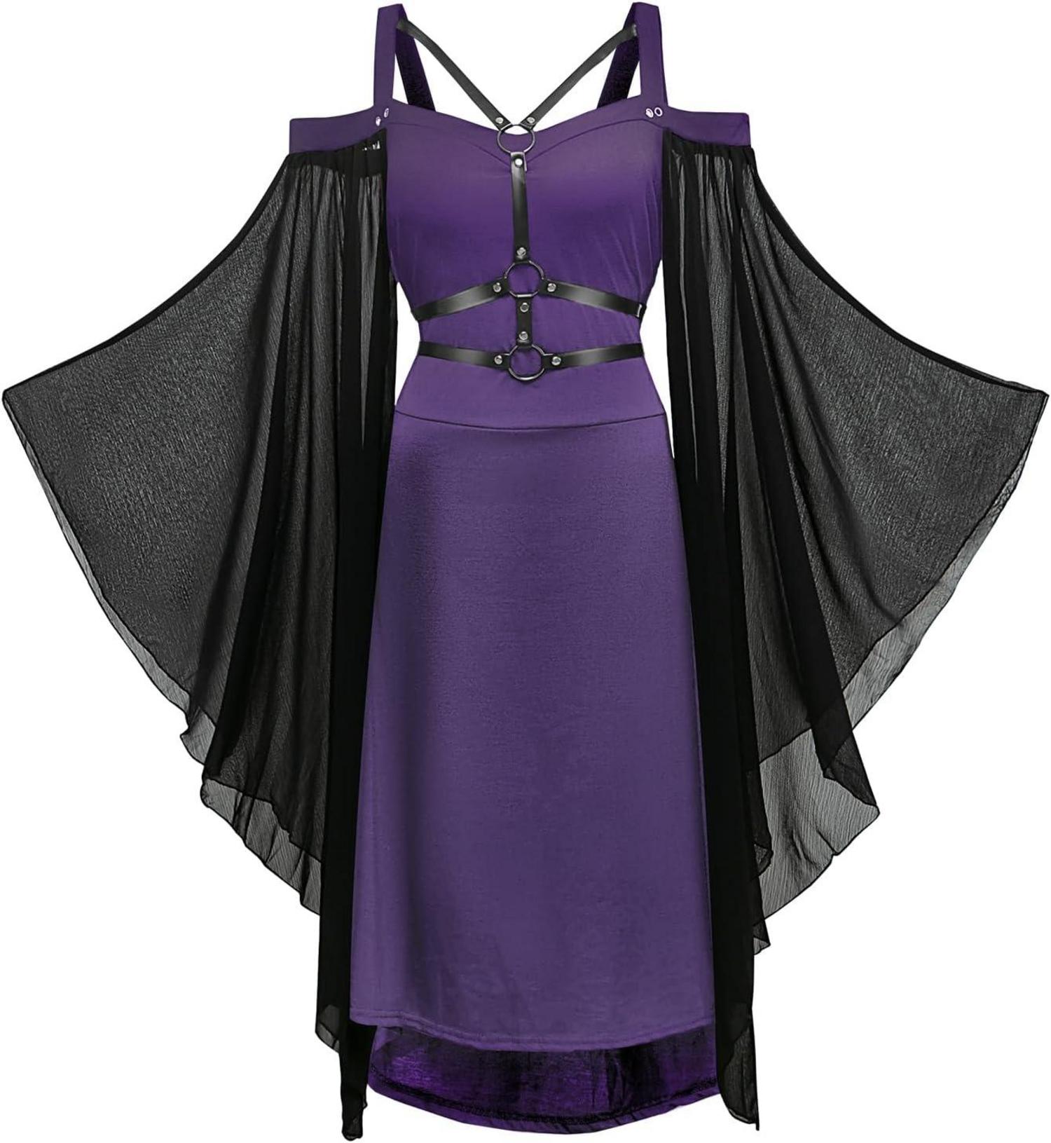 Gotisches Vintage Midi-Kleid mit Trompetenärmeln, Schwarz