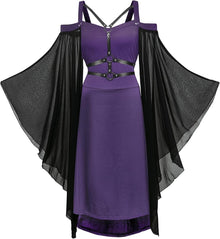 Gotisches Vintage Midi-Kleid mit Trompetenärmeln, Schwarz