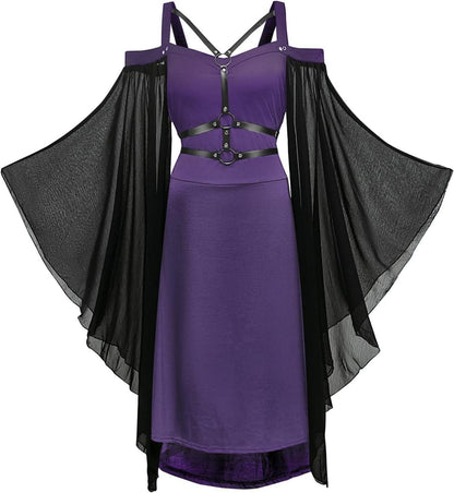 Gotisches Vintage Midi-Kleid mit Trompetenärmeln, Schwarz