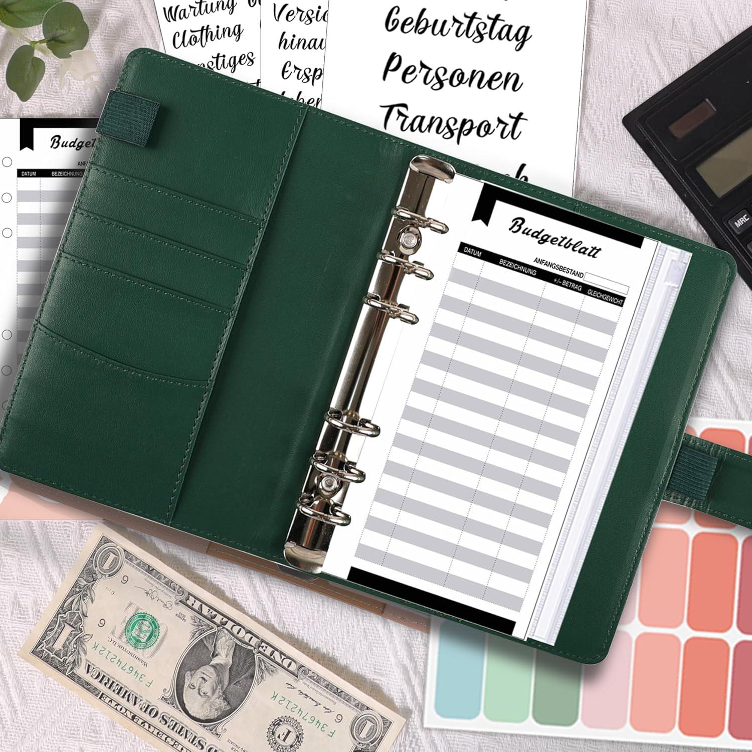 A6 Budget Planner Deutsch mit Binder Taschen, Budgetblätter und Etiketten - Geld Organizer und