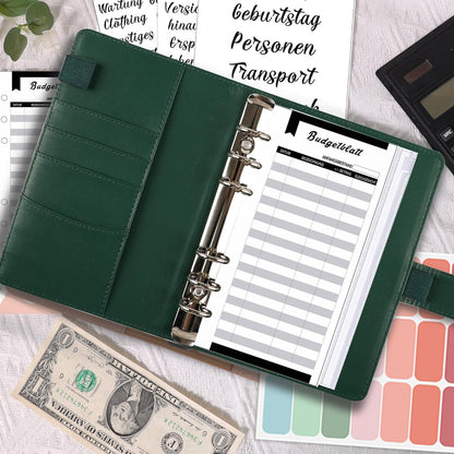 A6 Budget Planner Deutsch mit Binder Taschen, Budgetblätter und Etiketten - Geld Organizer und