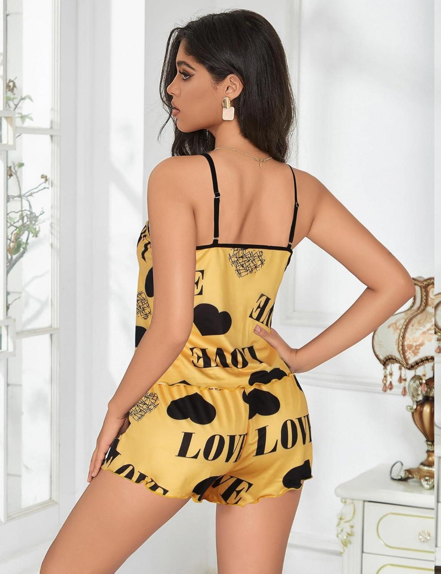 Damen Shorty Pyjama Set Große Größen Satin Negligee Gelb XL-XXL