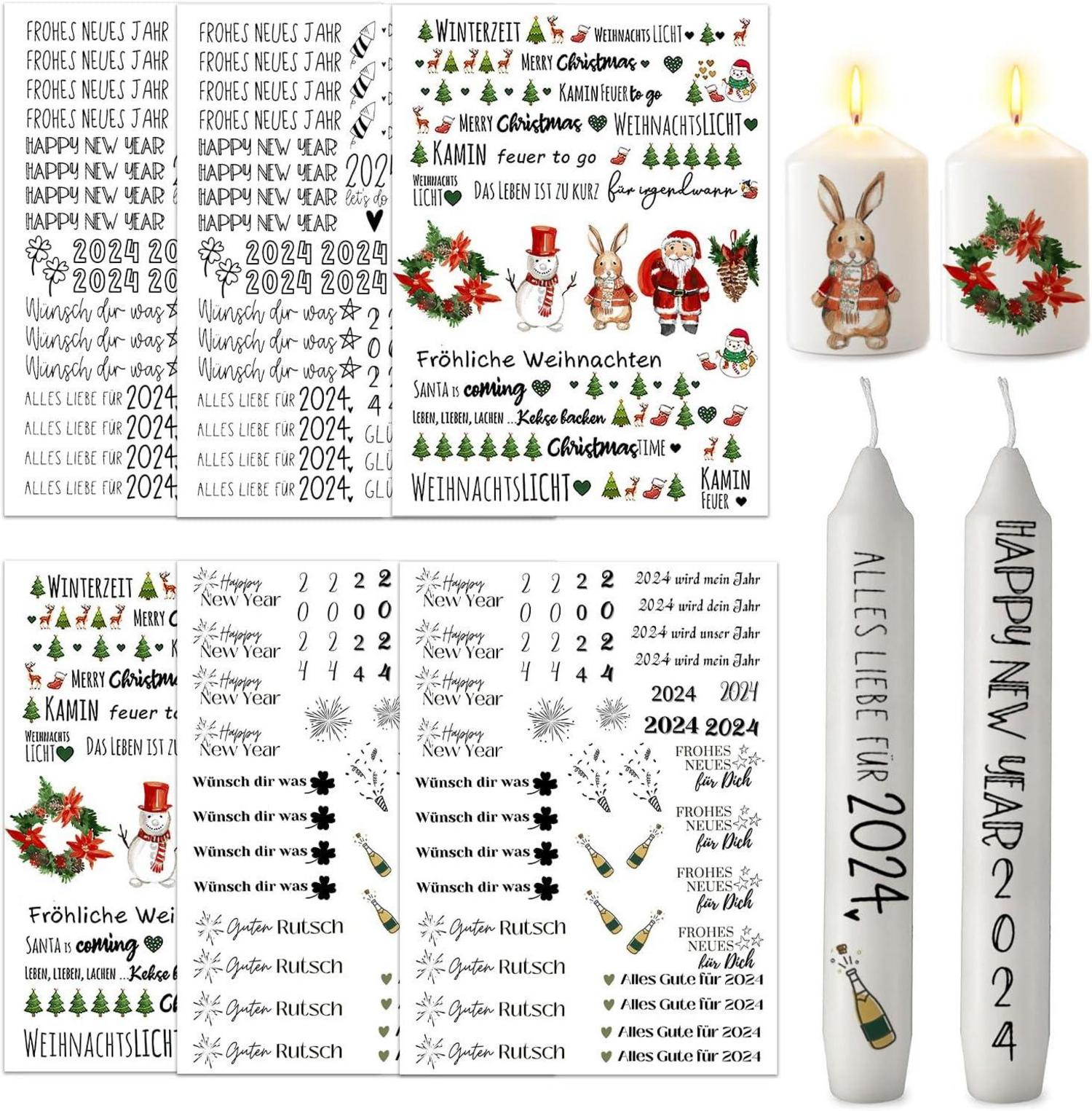 Kerzentattoos Weihnachten 6er Set Happy New Year, Wasserschiebefolie