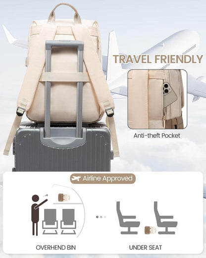 Damen Rucksack 15,6 Zoll Laptop Schulrucksack Wasserdicht Beige Kaffee