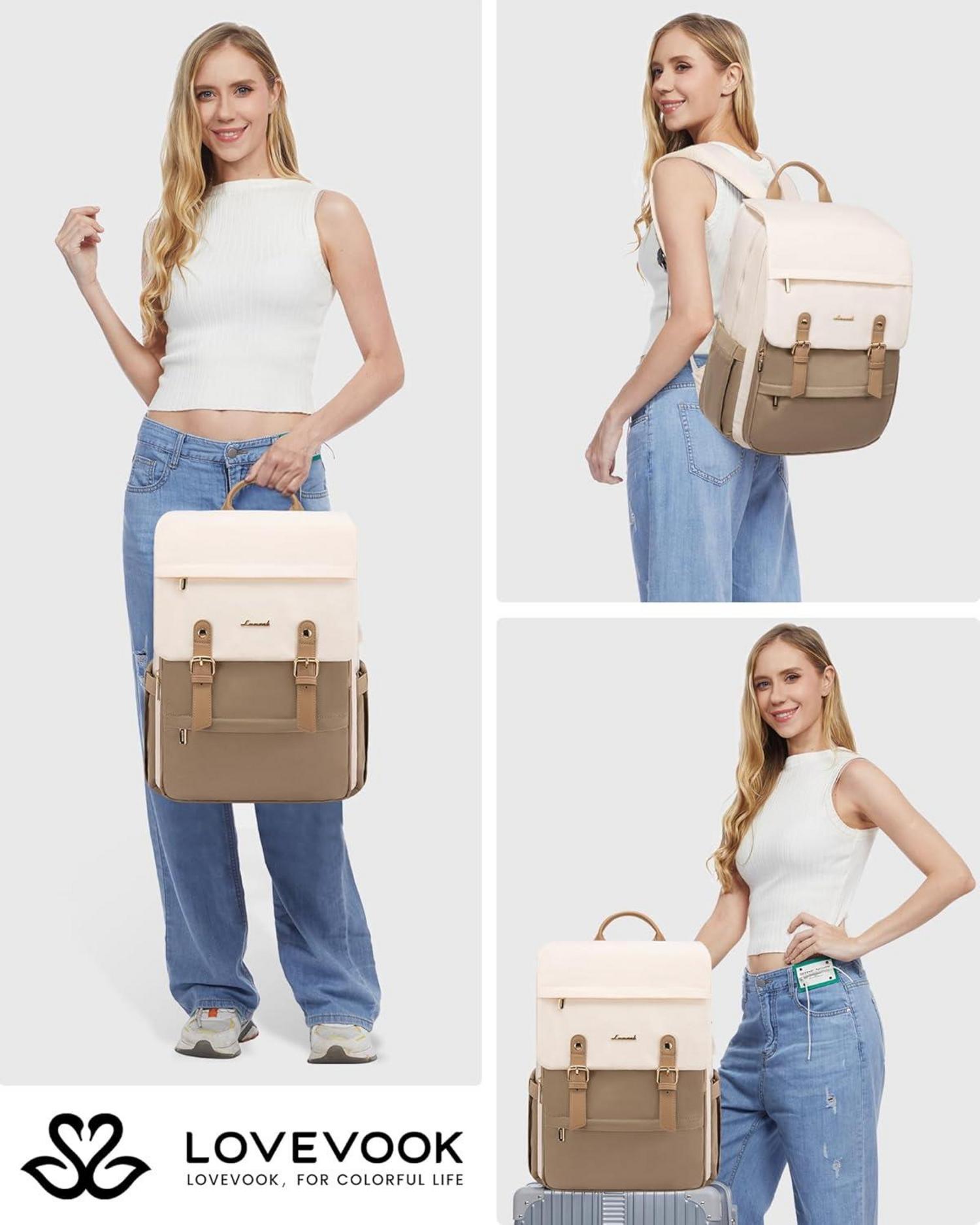 Damen Rucksack 15,6 Zoll Laptop Schulrucksack Wasserdicht Beige Kaffee