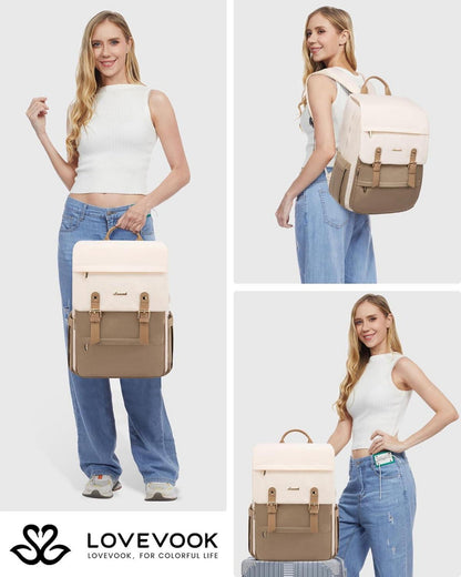 Damen Rucksack 15,6 Zoll Laptop Schulrucksack Wasserdicht Beige Kaffee