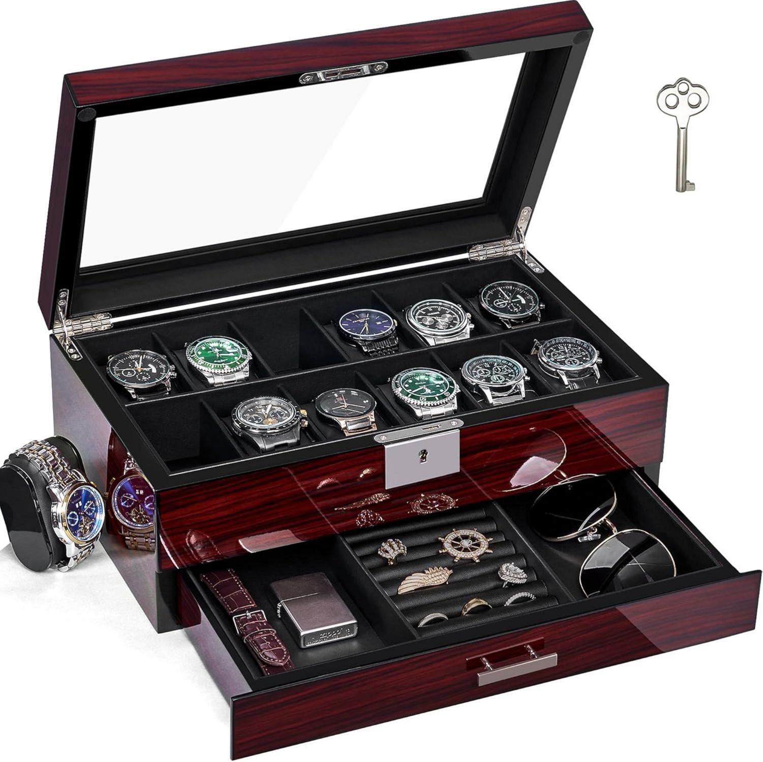 12-Slots Uhrenbox mit Glasdeckel und Schloss - Herrenuhren