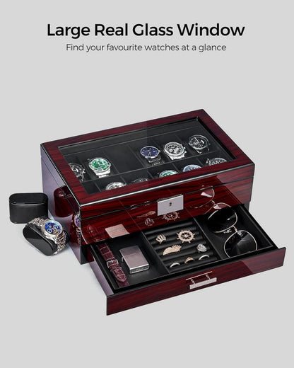 12-Slots Uhrenbox mit Glasdeckel und Schloss - Herrenuhren