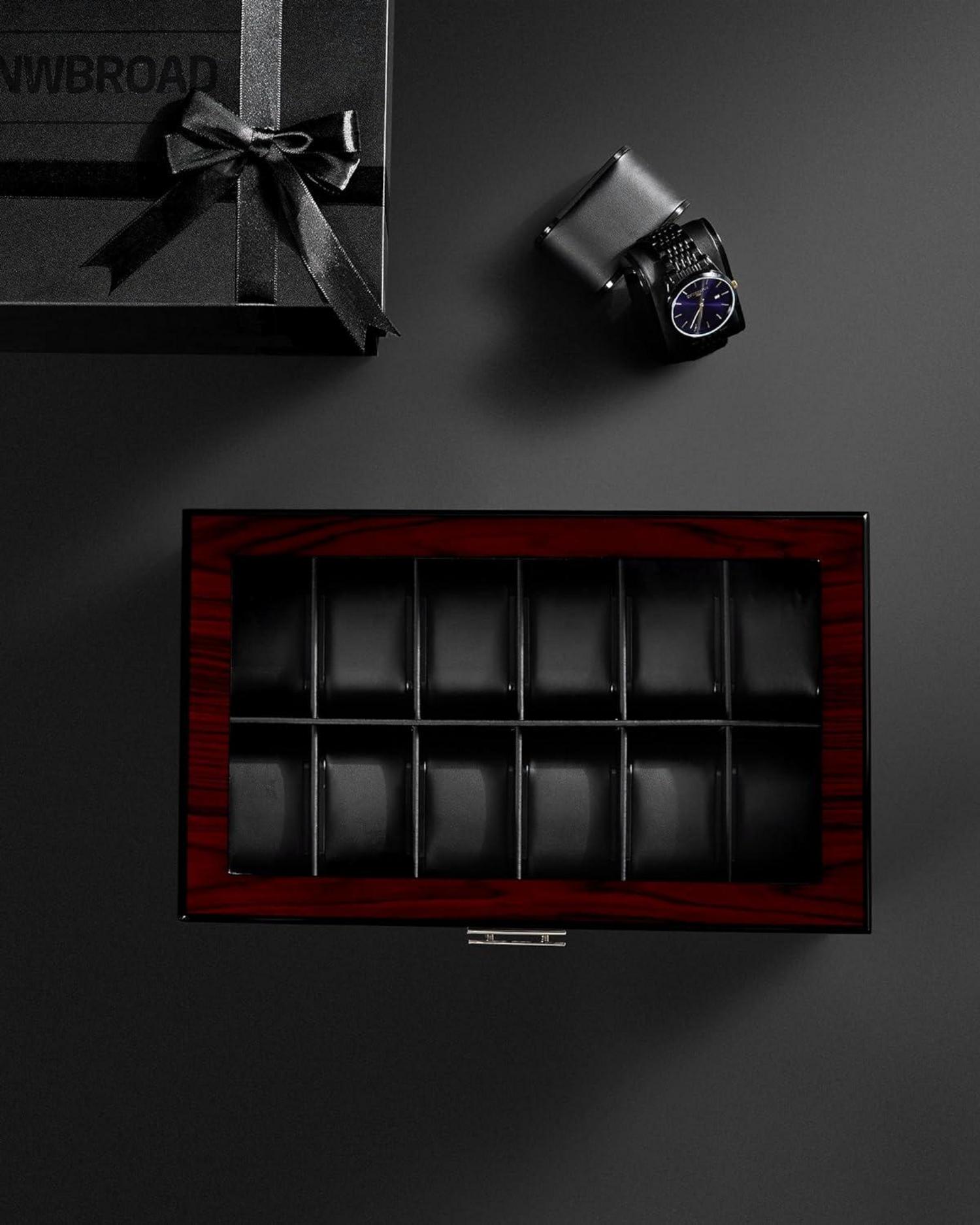 12-Slot Uhrenbox Herren Watch Box Uhrengehäuse Großem Glasdeckel Abschließbare Uhrenhalter UJWB001Y
