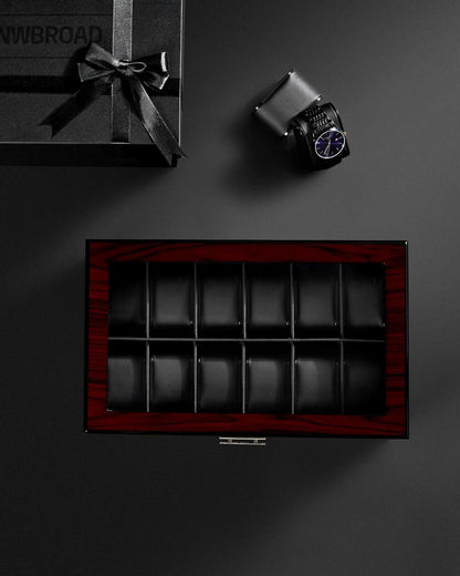 12-Slot Uhrenbox Herren Watch Box Uhrengehäuse Großem Glasdeckel Abschließbare Uhrenhalter UJWB001Y