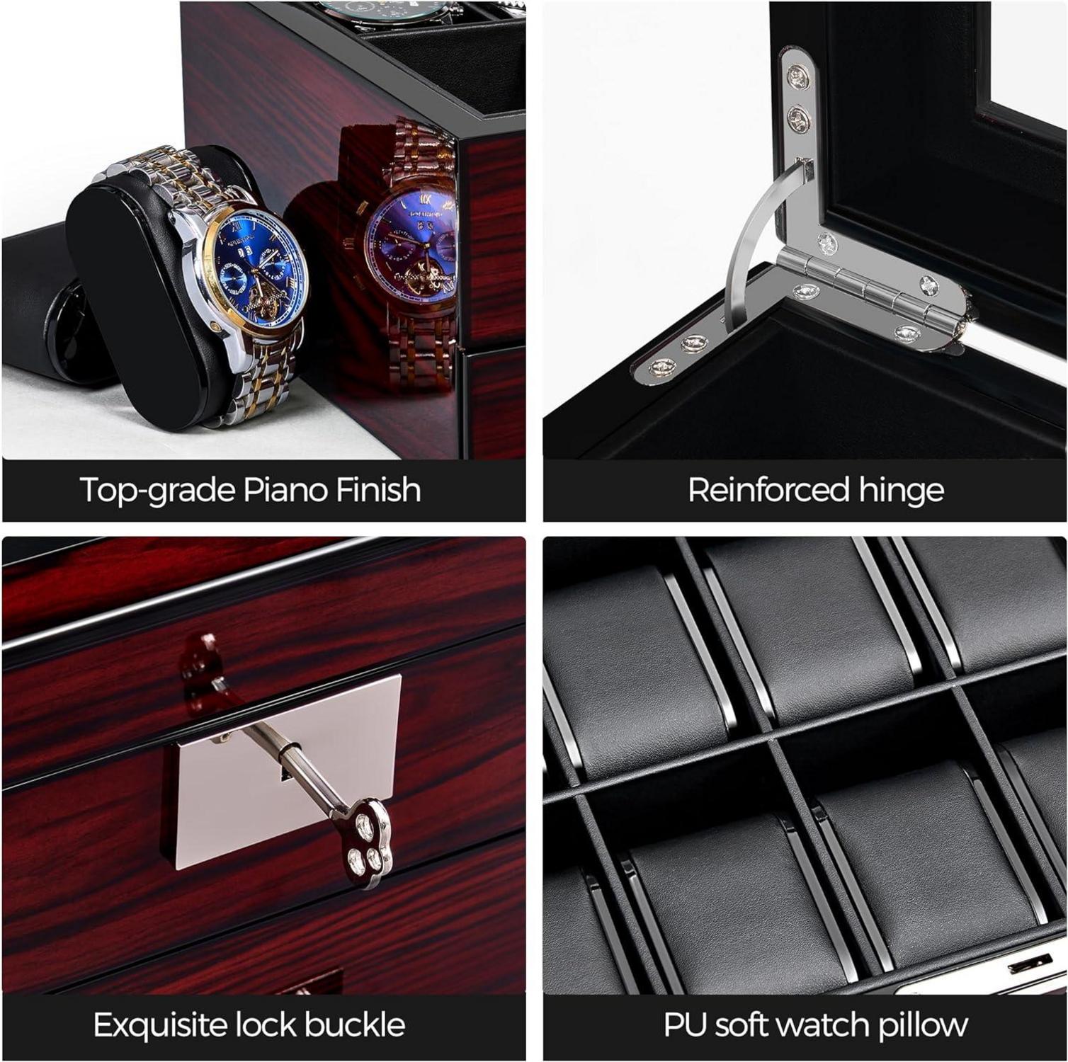 Uhrenbox Herren Watch Box Uhrengehäuse 12 Slots Glasdeckel