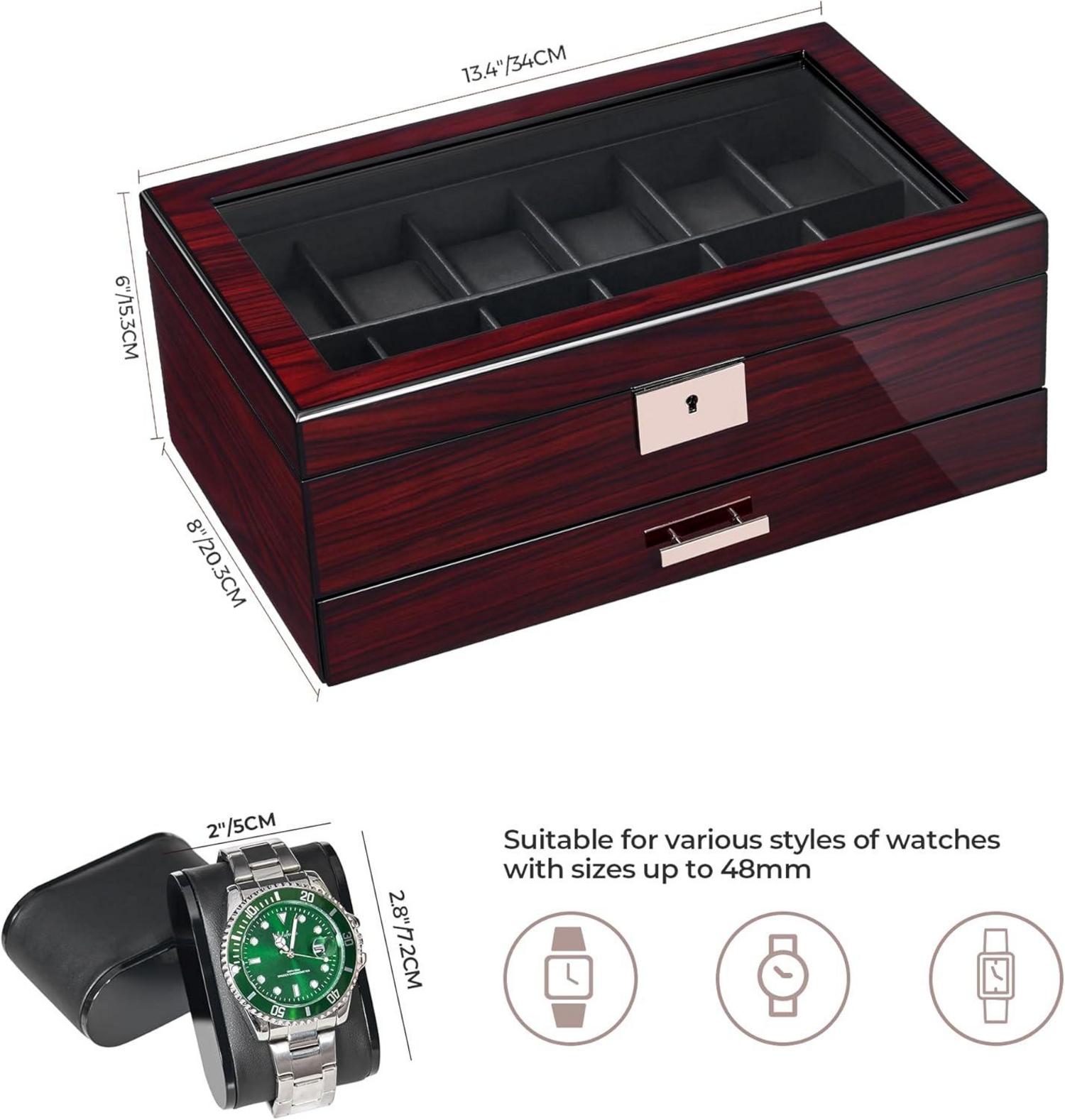 12-Slots Uhrenbox Herren Uhrengehäuse Großes Glasdisplay Abschließbar
