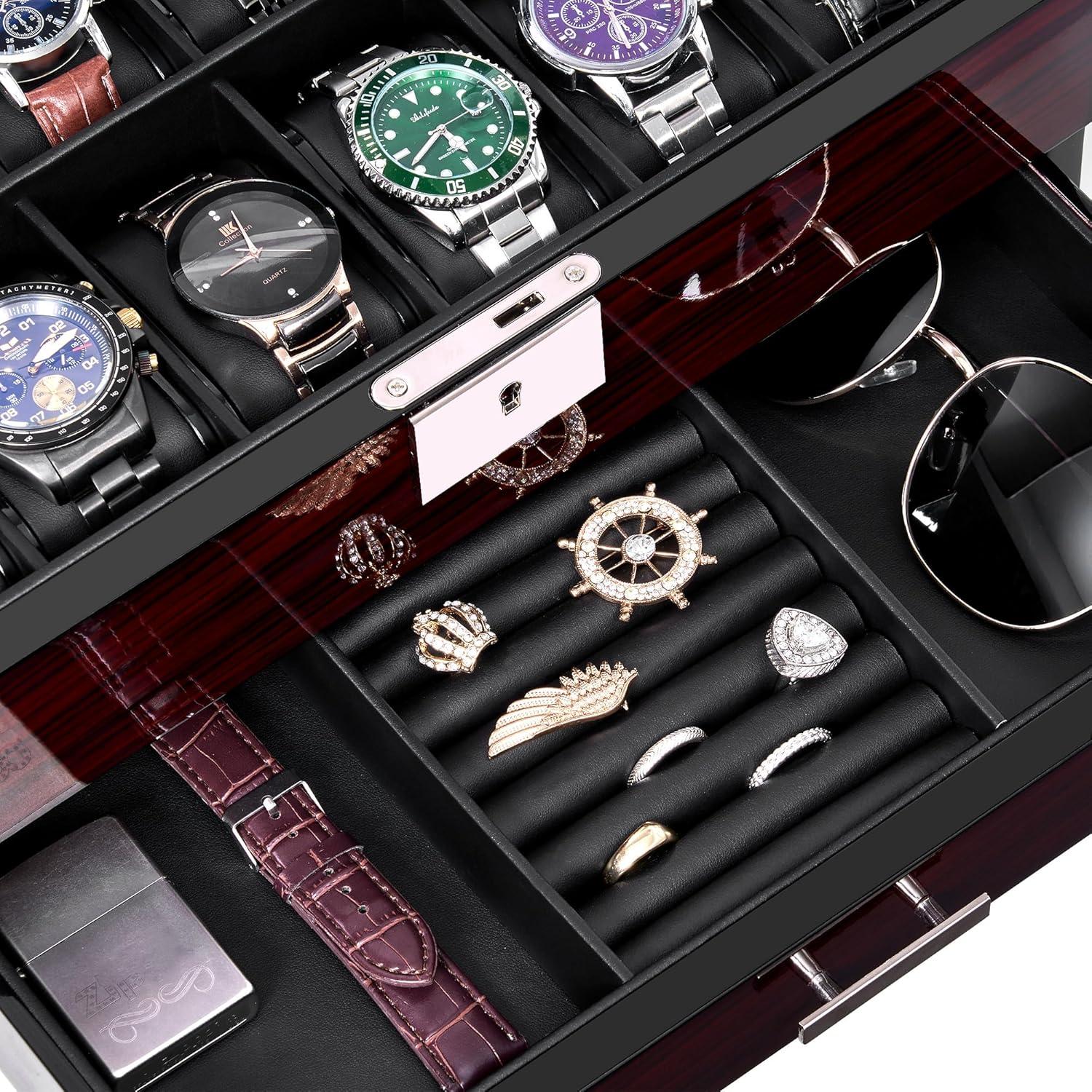 12-Slot Uhrenbox Herren Watch Box Uhrengehäuse Großem Glasdeckel Abschließbare Uhrenhalter UJWB001Y