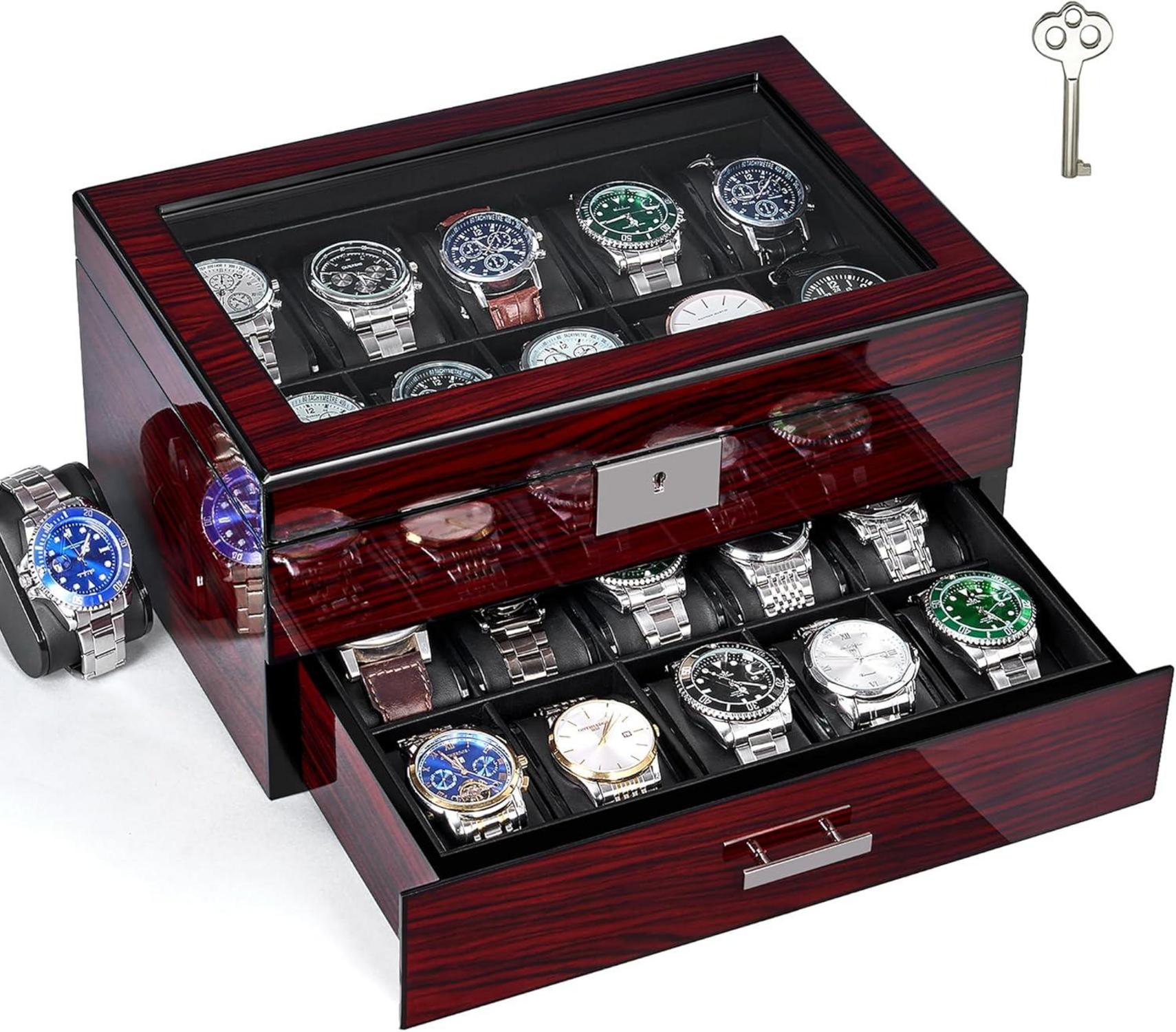Uhrenbox mit 20 Slots und Glasdeckel - Luxuriöser Uhrenhalter