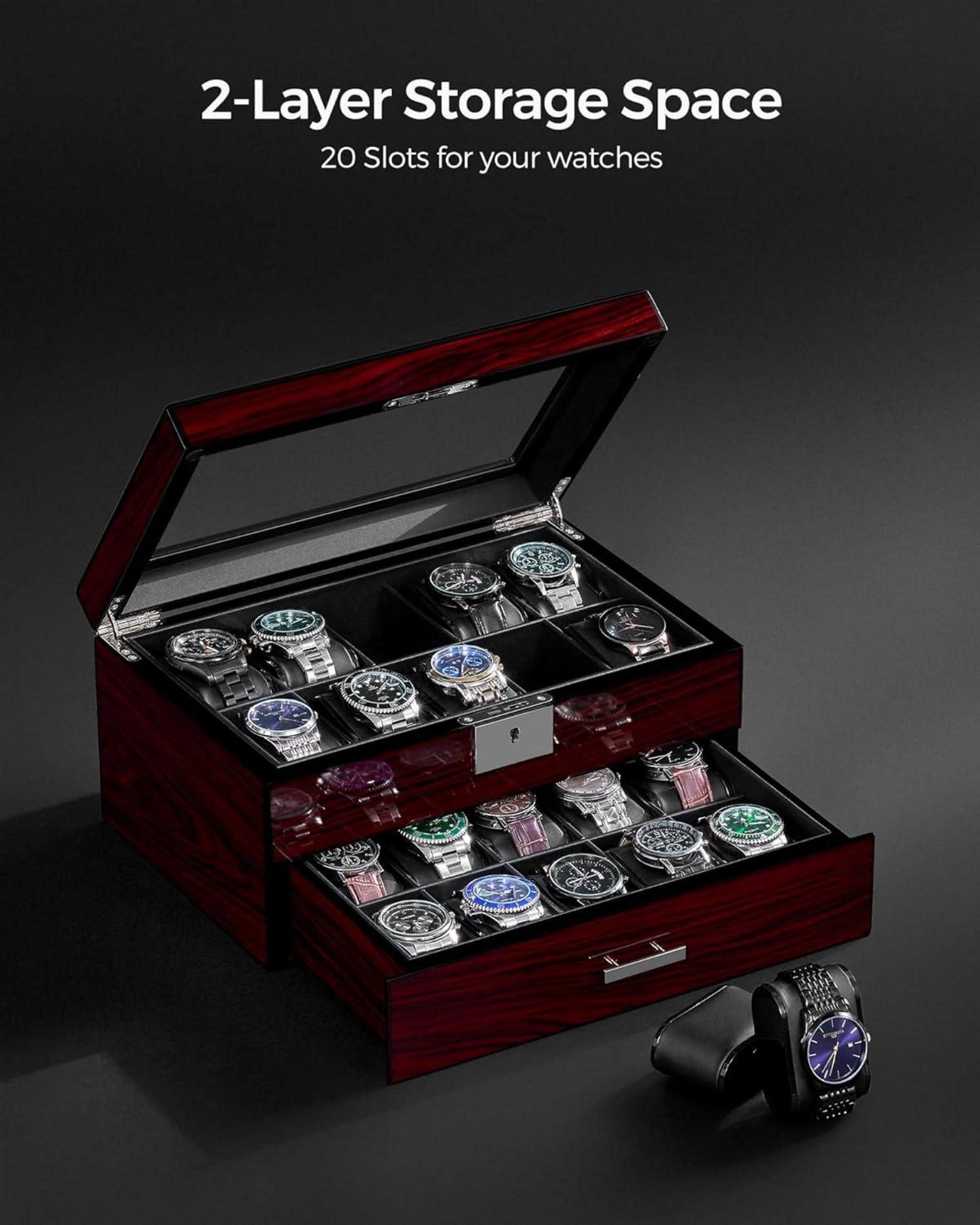 ANWBROAD Uhrenbox 20 Slots für Männer mit Glasdeckel und